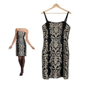 White House Black Market Strapless Dress Black Embroidered Satin Size 12 NWT